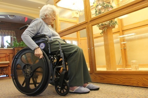 an elderly woman pushing a wheelchair that has Easy Push wheels installed.